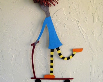 SCOOTER GIRL Whimsical Art Metal Wall Sculpture  "Trudy"  Upcycled Metal Wall Art Kids room Nursery Blue Red Head 11 x 19