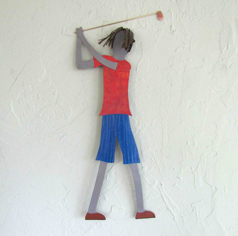 Golf Art metal wall decor guy golfer recycled metal wall art sports theme golfer gift sculpture male golfer 19 x 8 READY TO SHIP image 1