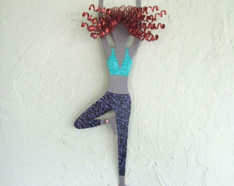 Yoga Lady Tree Pose Mom Gift Handmade Metal Wall Art Recycled Steel Turquoise Lavender  20 x 6 READY TO SHIP