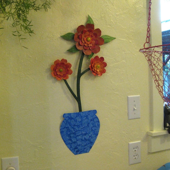 Metal Wall Art Flower Sculpture Large Camellia Blue Vase Image 0