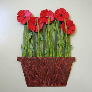 POPPIES FLOWER ART large red metal wall sculpture Kitchen dining room floral decor  15 x 21 modern art