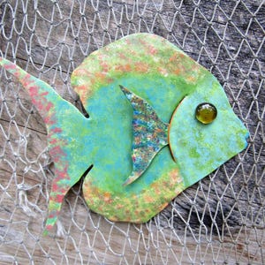 Metal art hand painted fish wall sculpture beach house coastal handmade fish decor teal coral  sea life bathroom Art 7 x 7 READY to SHIP