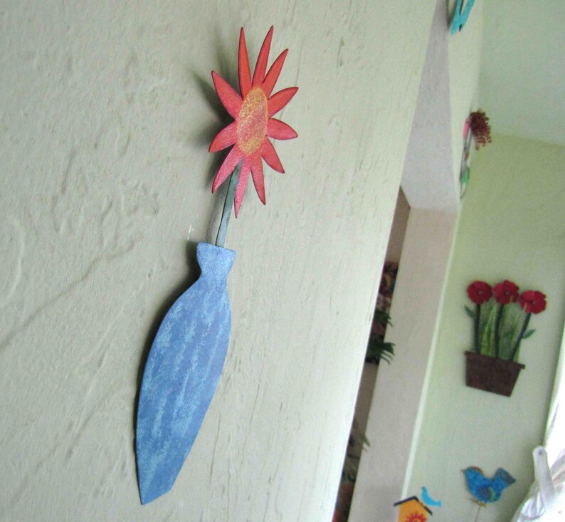 FLOWER ART Metal Wall Flower Sculpture Mom Gift Blue Orange Recycled Metal Floral Art Kitchen Bathroom Ready to ship 3 x 9 image 7