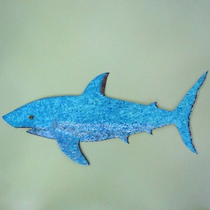 SHARK wall art beach house patio upcycled metal art fish ocean large shark turquoise blue 36 x 17