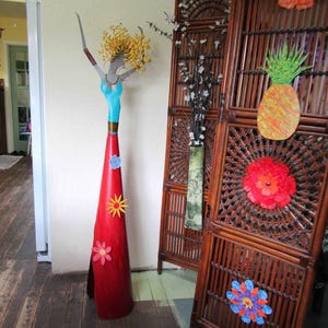 Dancing lady large sculpture free standing outdoor metal garden art whimsical, fun, colorful art 63&quot; tall Ready to Ship