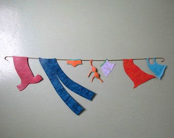 Clothesline Art Laundry Room Gift For Her Wall Sculpture Blue Red Orange 11 x 34 READY TO SHIP