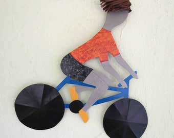 BICYCLE ART Metal Wall Sculpture Bike Guy Recycled Metal Red Orange Bicycle  Whimsical Gallery Art 11 x 14 Ready to Ship