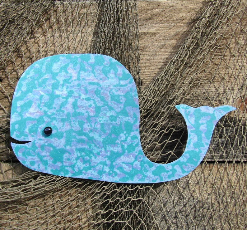 Whale Art Metal Wall Sculpture Milo Recycled Metal Bathroom Wall Decor Turquoise lavender Kids gift Room Folk Art 13 x 8 Ready to Ship image 1