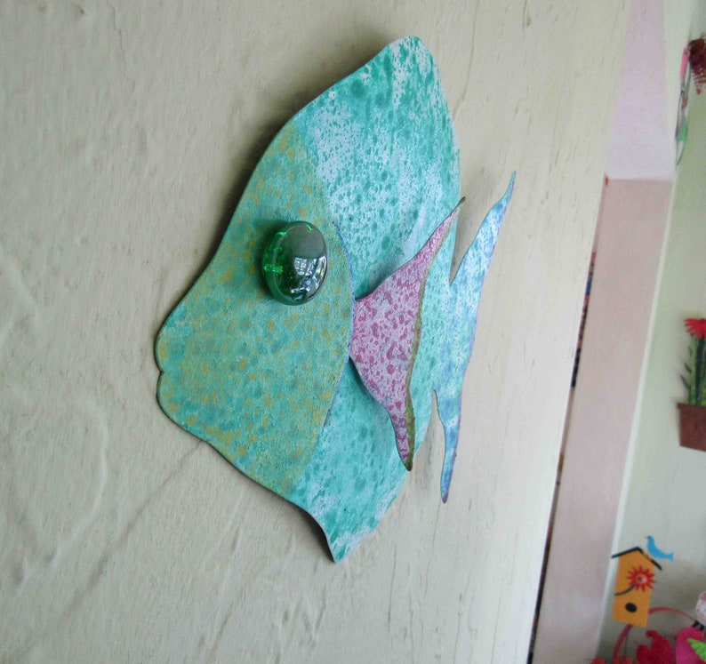 FISH ART Metal Wall Sculpture Island beach House Coastal Fun Wall Art Turquoise Pink Fish Sea Life Bathroom Art 7 x 7 Ready to Ship image 9