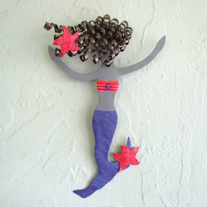 Mermaid art metal wall sculpture mom gift upcycled metal purple red coral coastal beach house wall art 6 x 9 READY to SHIP