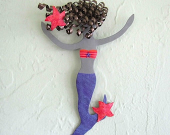 Mermaid Art Metal Wall Sculpture Mom Gift Recycled Metal Purple Red Coral Coastal Beach House Wall Art 6 x 9 READY TO SHIP