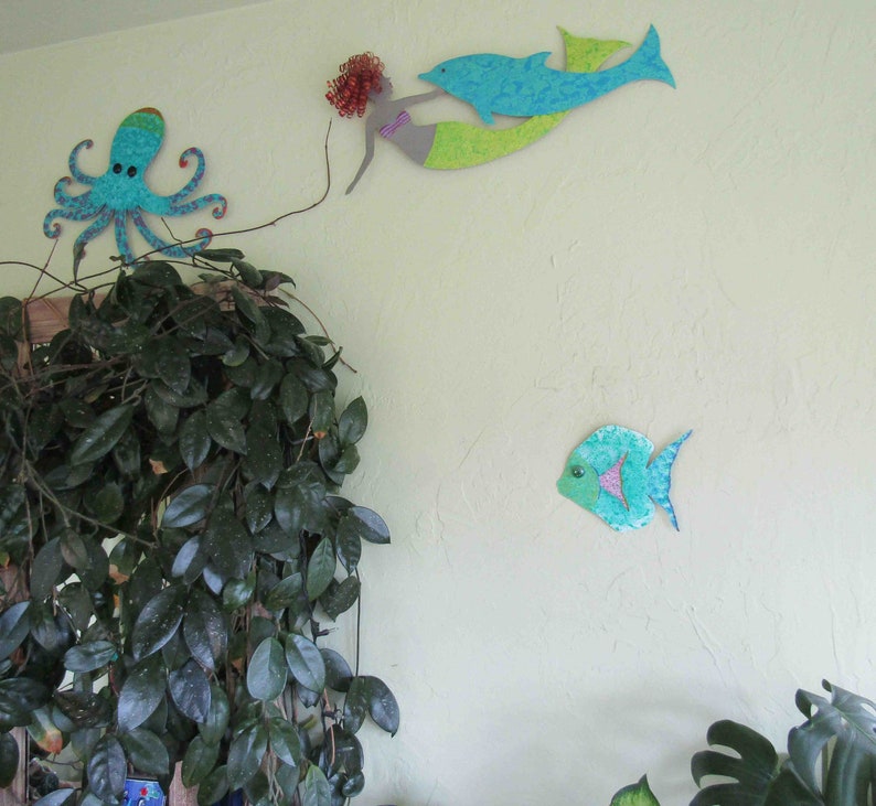 FISH ART Metal Wall Sculpture Island beach House Coastal Fun Wall Art Turquoise Pink Fish Sea Life Bathroom Art 7 x 7 Ready to Ship image 3