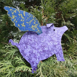 Metal Art Sculpture Christmas ornament tree topper reclaimed metal when pigs fly purple blue metallic gold 9 x 11 READY TO SHIP