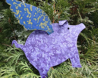 Metal Art Sculpture Christmas ornament tree topper reclaimed metal when pigs fly purple blue metallic gold 9 x 11 READY TO SHIP