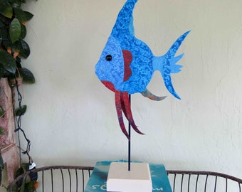 TROPICAL FISH Metal sculpture gallery art Large fish on stand Table top marine home decor beach house coastal art  12 x 25