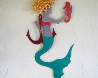 MERMAID WALL ART Metal Sculpture Blonde Mermaid Gift Anchor Beach House Coastal Decor Teal Red Recycled Metal  12 x 22