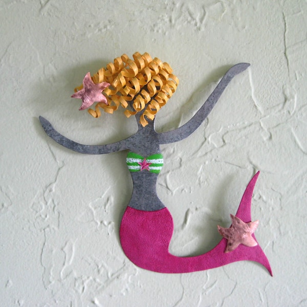 Metal nautical art - Rosie - upcycled metal mermaid wall decor bathroom beach house pink mermaid