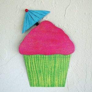CUPCAKE ART Metal Wall Sculpture Gift For Her Tropical Lime Green Pink Cupcake  Kitchen Dining Room Cupcake Wall Art  6 x 8 ready to ship