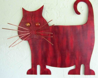 Metal Cat Art Hand Painted Red Orange Whimsical Gallery Metal Wall Art Recycled Metal Boho Art Cat Indoor Outdoor Art 13 x 13 READY TO SHIP