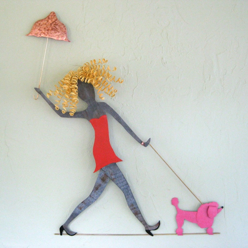 Umbrella lady metal wall art women walking Dog fun wall art upcycled metal wall art poodles dachshunds chihuahua lab made to order 25 x 20 image 4