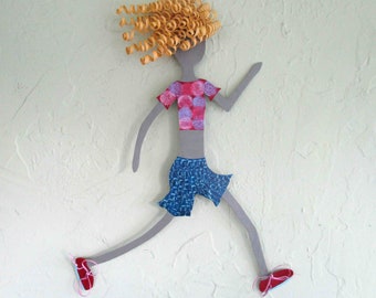 Lady Runner Red Blue Pink Recycled Metal Gift for Her 13 x 17 Marathon Runner READY TO SHIP