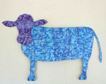 Cow art metal wall sculpture kitchen Decor blue cow  11 x 18 gallery art READY to SHIP