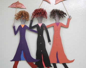 UMBRELLA ART Metal Wall Sculpture Three Ladies, sisters, friends  in The Rain Upcycled Metal Wall Art Terracotta Black Purple  27 x 23