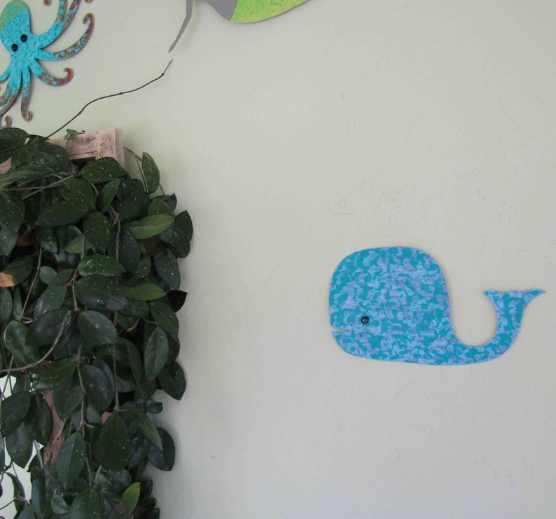 Whale Art Metal Wall Sculpture Milo Recycled Metal Bathroom Wall Decor Turquoise lavender Kids gift Room Folk Art 13 x 8 Ready to Ship image 7