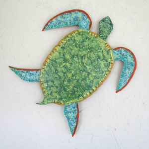 Sea turtle ocean art colorful original beach house art green blue red 12 x 13 READY TO SHIP