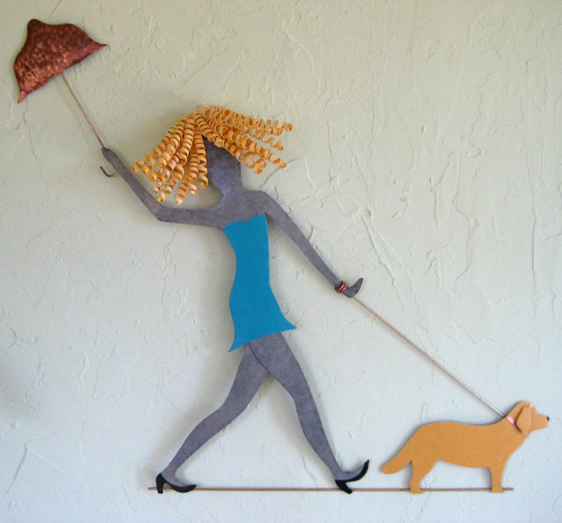 Umbrella lady metal wall art women walking Dog fun wall art upcycled metal wall art poodles dachshunds chihuahua lab made to order 25 x 20 image 5