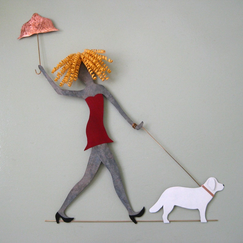 Umbrella lady metal wall art women walking Dog fun wall art upcycled metal wall art poodles dachshunds chihuahua lab made to order 25 x 20 image 1