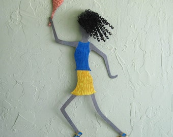 METAL WALL ART Tennis Lady Sculpture Reclaimed Metal Wall Art Female Tennis Decor Blue Yellow 9 x 21