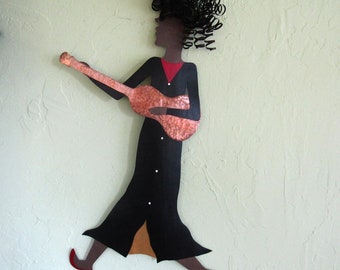 Guitar Lady Metal Wall Art Large Musician Modern Art Wall Decor Jazz Group Staircase Gallery Art Black White Red 30 x 20