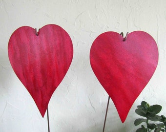 Red and Pink Hearts Garden Art Stakes Yard Decor Recycled Metal Modern Art Valentine Wedding Anniversary Made in USA 6" x 8" Ready to Ship