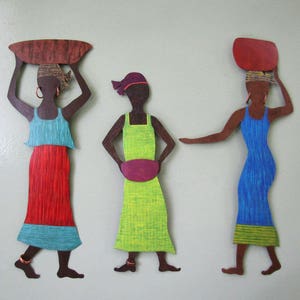 African Art Metal Wall Decor Market Lady Gallery Sculpture Recycled Metal Art African Boho Wall Decor Red Blue 7 x 19 READY TO SHIP image 5