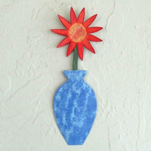 FLOWER ART Metal Wall Flower Sculpture Mom Gift Blue Orange Recycled Metal Floral Art Kitchen Bathroom Ready to ship 3 x 9 image 1