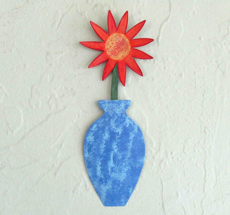 FLOWER ART Metal Wall Flower Sculpture Mom Gift Blue Orange Recycled Metal Floral Art Kitchen Bathroom Ready to ship 3 x 9 image 1