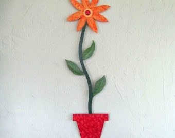 Flower Art Metal Narrow Wall  Sculpture Whimsical Folk Art Tall Red and Orange Floral Modern Art Decor Kitchen Art 8 x 24 READY TO SHIP