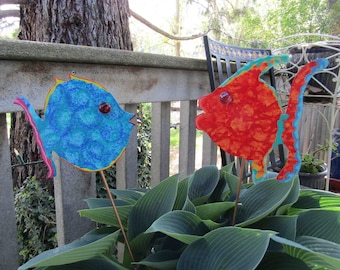 SALE Two Fish garden stakes upcycled metal art 21 inch whimsical Regular 45.00 each on Sale two for 59.00 Sold as a set of two Ready to Ship