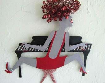 Piano Art Wall Sculpture Metal Art Music Room Piano Lady Red Black Handmade Contemporary Modern Art 13 x 13 READY TO SHIP