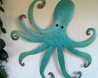 GIANT OCTOPUS Metal Wall Art Teal Blue Custom Sculptuur Ocean Wall Art Beach House Wall Art 30 x 30 Grillige muur opknoping Upcycled Metal