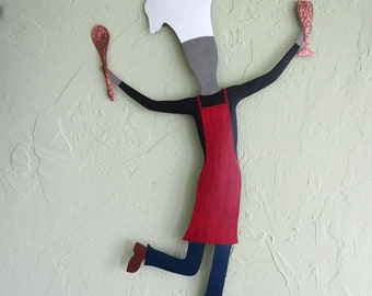 CHEF GUY  Metal Wall Art for The Kitchen Whimsical Sculpture Dancing Chef made by us for you choose your own colors 15 x 22