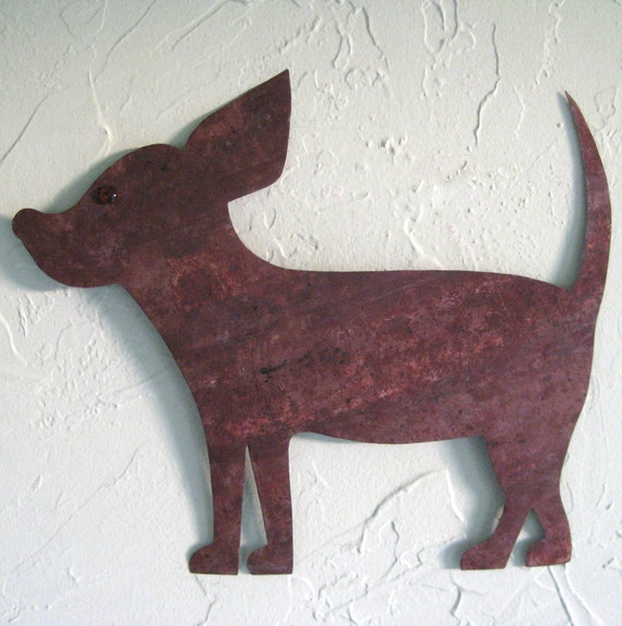 Recycled Metal Chihuahua Wall Art: Rusted Dog Sculpture (11x14)
