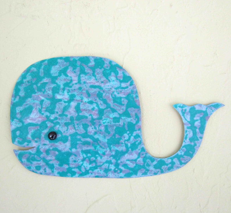 Whale Art Metal Wall Sculpture Milo Recycled Metal Bathroom Wall Decor Turquoise lavender Kids gift Room Folk Art 13 x 8 Ready to Ship image 4