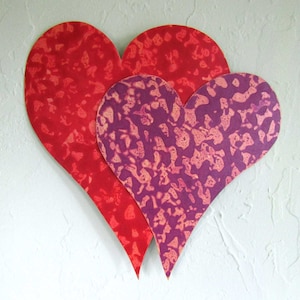 Art for couples metal wall art heart duo valentines anniversary modern art plum red orange 15 x 15 handmade READY to SHIP