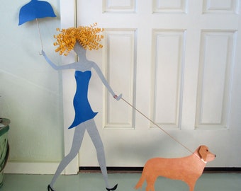 UMBRELLA LADY Art Large Metal Wall Art Golden Retriever  Lady Walking Dogs Recycled Metal Wall Art Sculpture 36 x 36