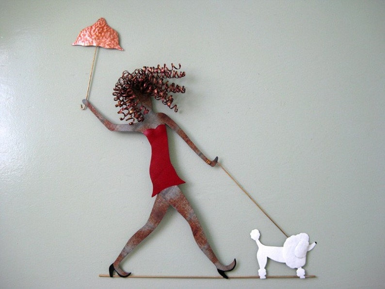 Umbrella Lady Metal Wall Art Women Walking Dog Wall Decor Etsy
