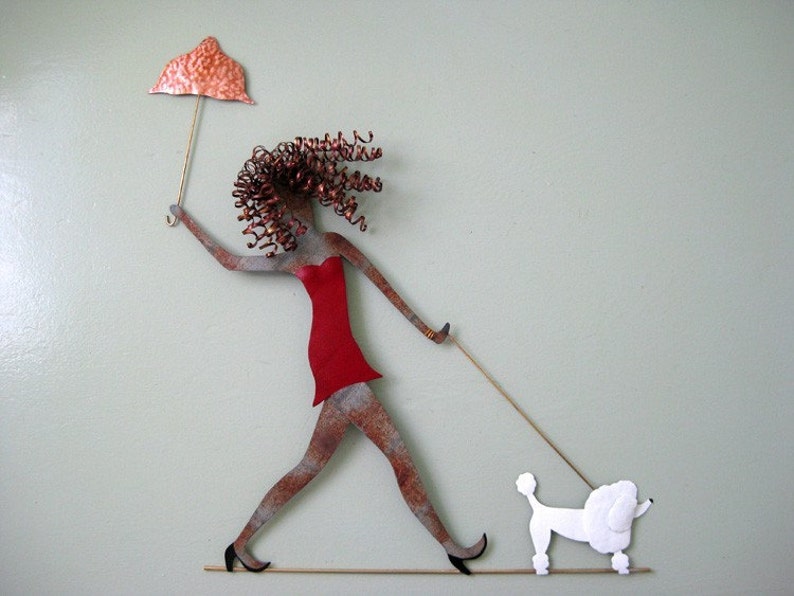 Umbrella lady metal wall art women walking Dog fun wall art upcycled metal wall art poodles dachshunds chihuahua lab made to order 25 x 20 image 2