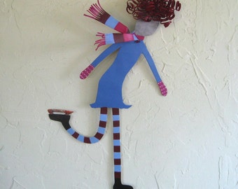 ICE SKATER Metal Wall Art Sculpture Girl Red Head Recycled Metal Blue Handmade Winter Sports Art Whimsical Decor 12 x 19