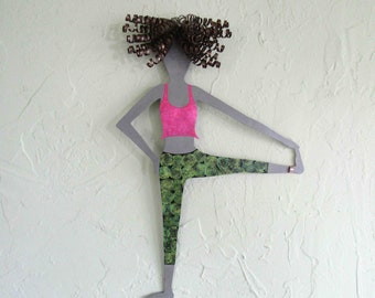 Yoga Art Metal Wall Sculpture Upcycled Steel Pink Lime Green Black  12 x 14 READY TO SHIP